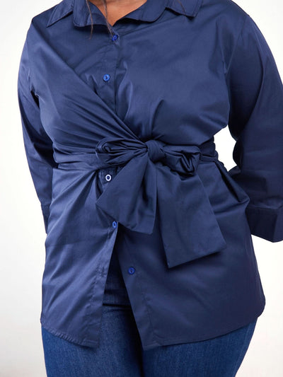 Safari Mali 3/4 Sleeve Tie Shirt - Navy Blue - Shopzetu