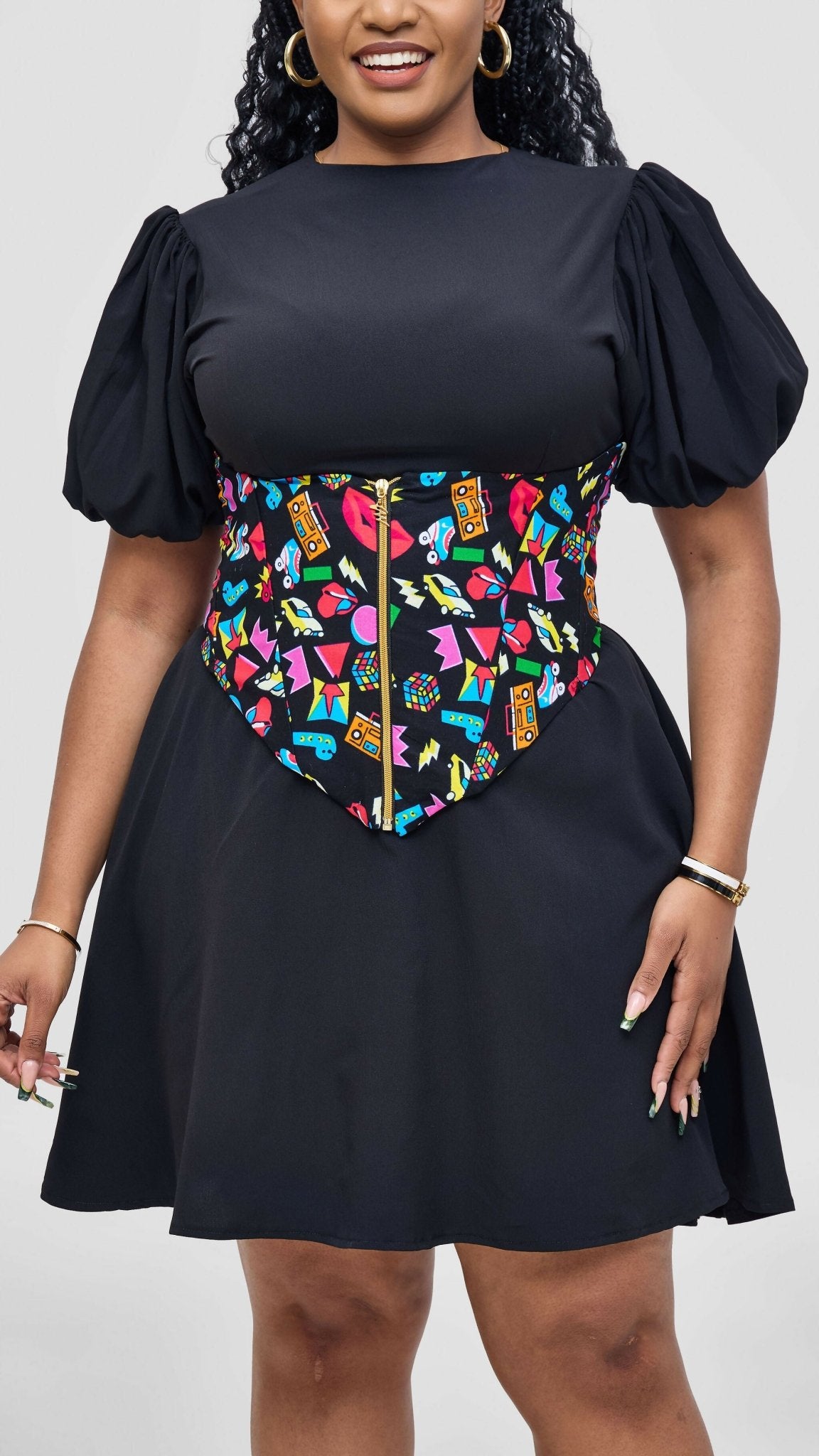 Corsetry And Co Glam Pop Ankara Corset Belt Top – Black / Pink Print - Shopzetu