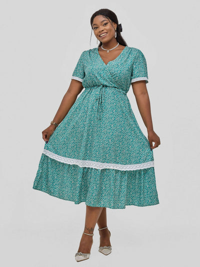 Hessed Wrap V - Neck Short Sleeve Floral With Belt Dress - Blue - Shopzetu