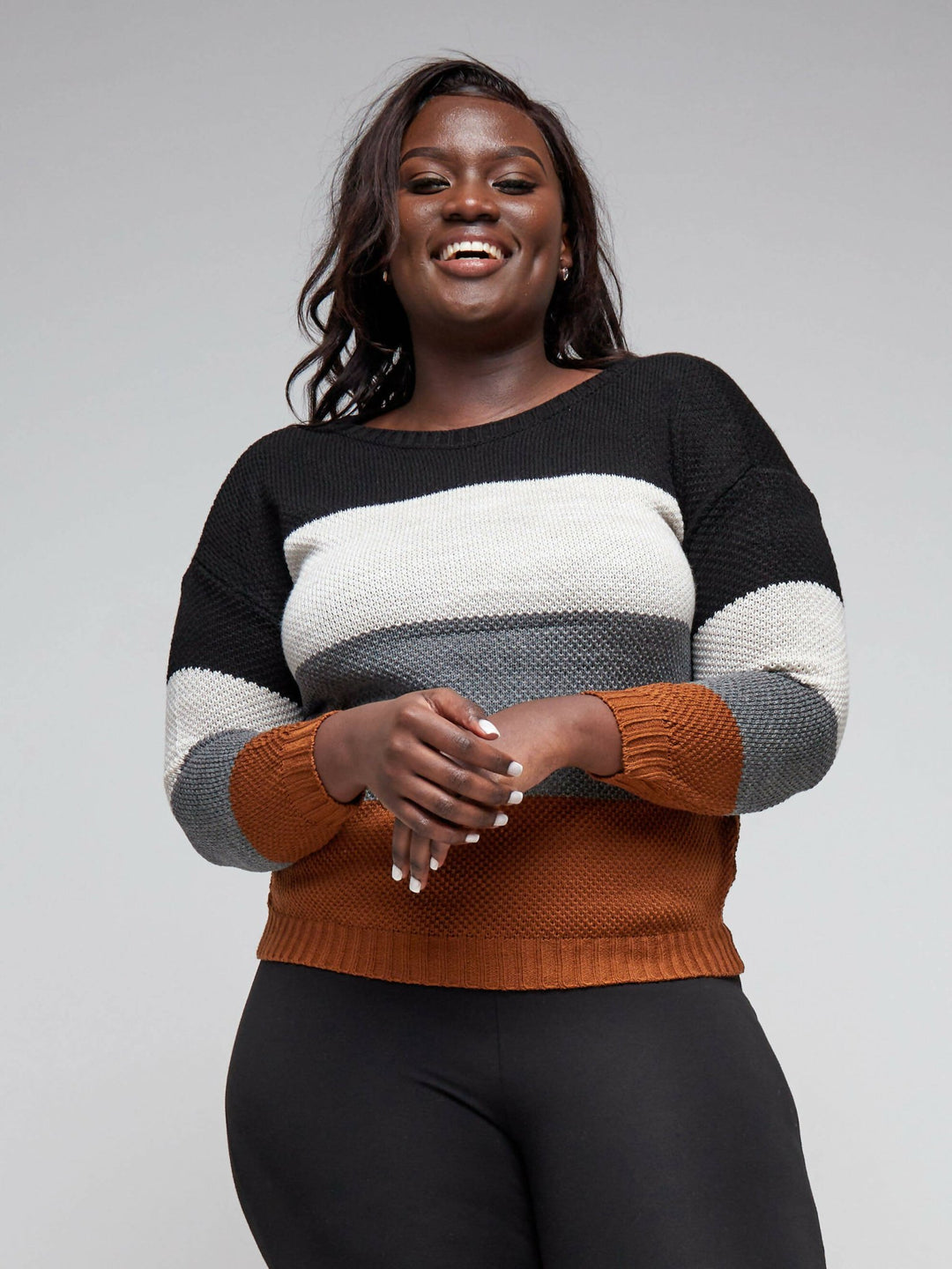 The Fashion Frenzy Round Neck Pullover Sweater - Brown Colour Block - Shopzetu
