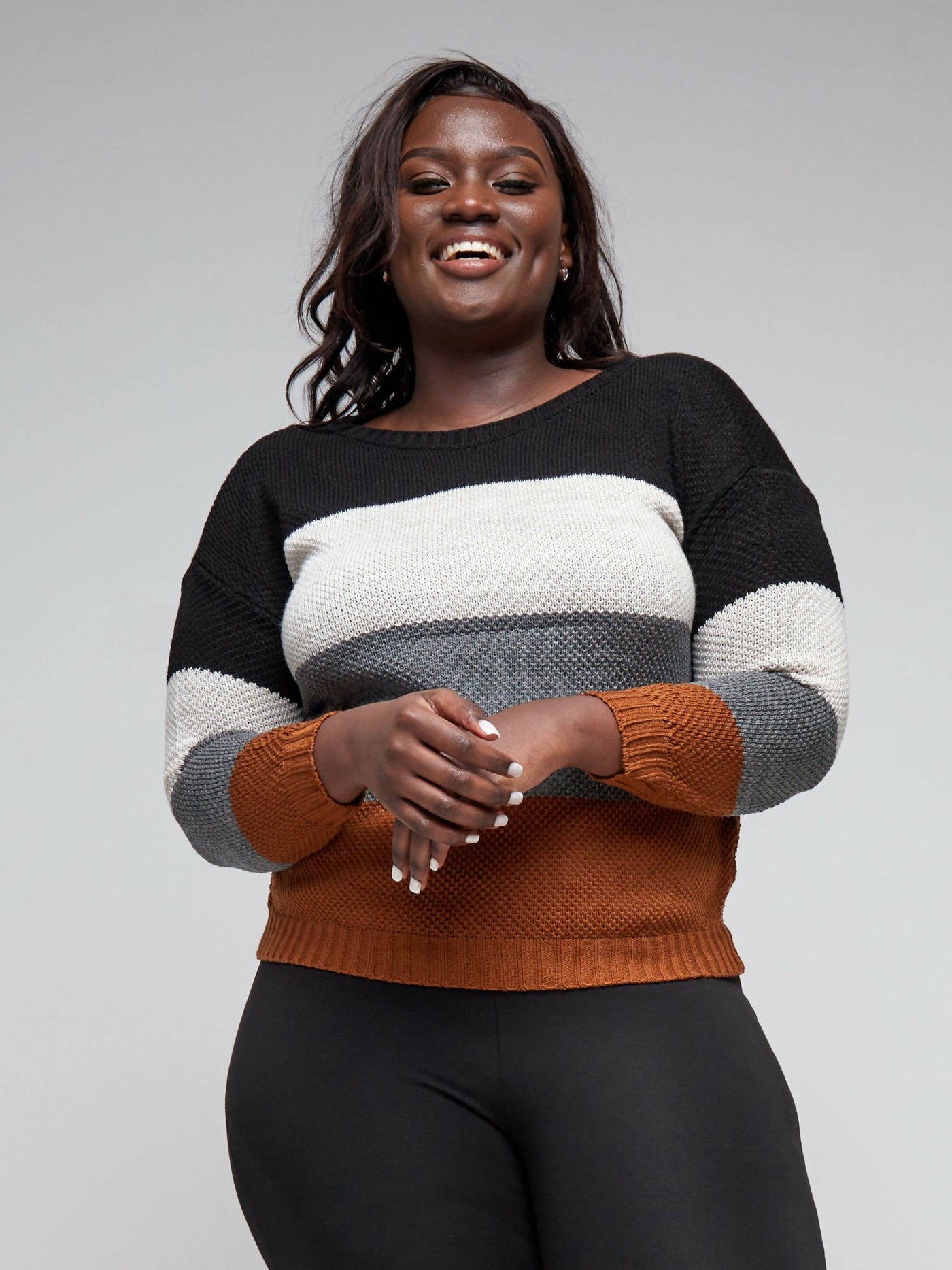 The Fashion Frenzy Round Neck Pullover Sweater - Brown Colour Block - Shopzetu