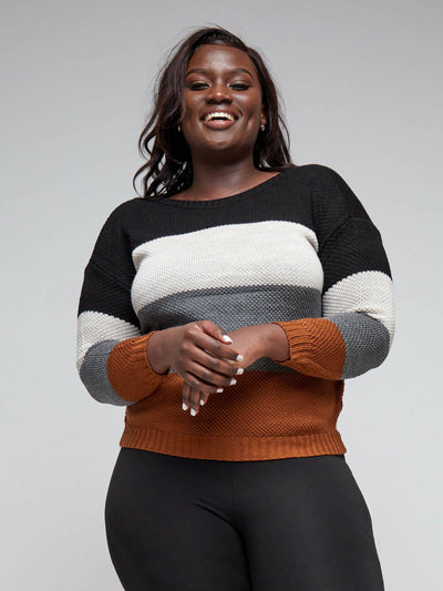 The Fashion Frenzy Round Neck Pullover Sweater - Brown Colour Block - Shopzetu
