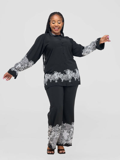 Inroses Hub Floral Pant Set - Black / White - Shopzetu