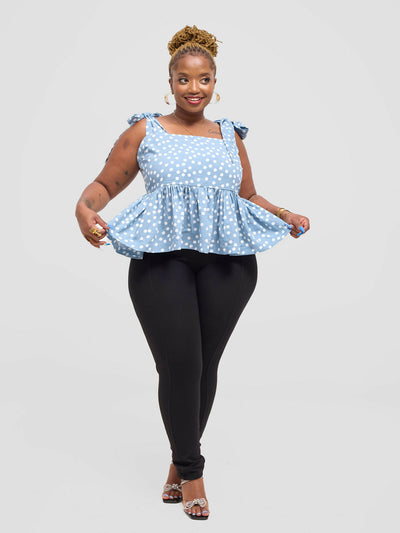 Pure Buxom Polka Tie Strap Peplum Top - Blue - Shopzetu