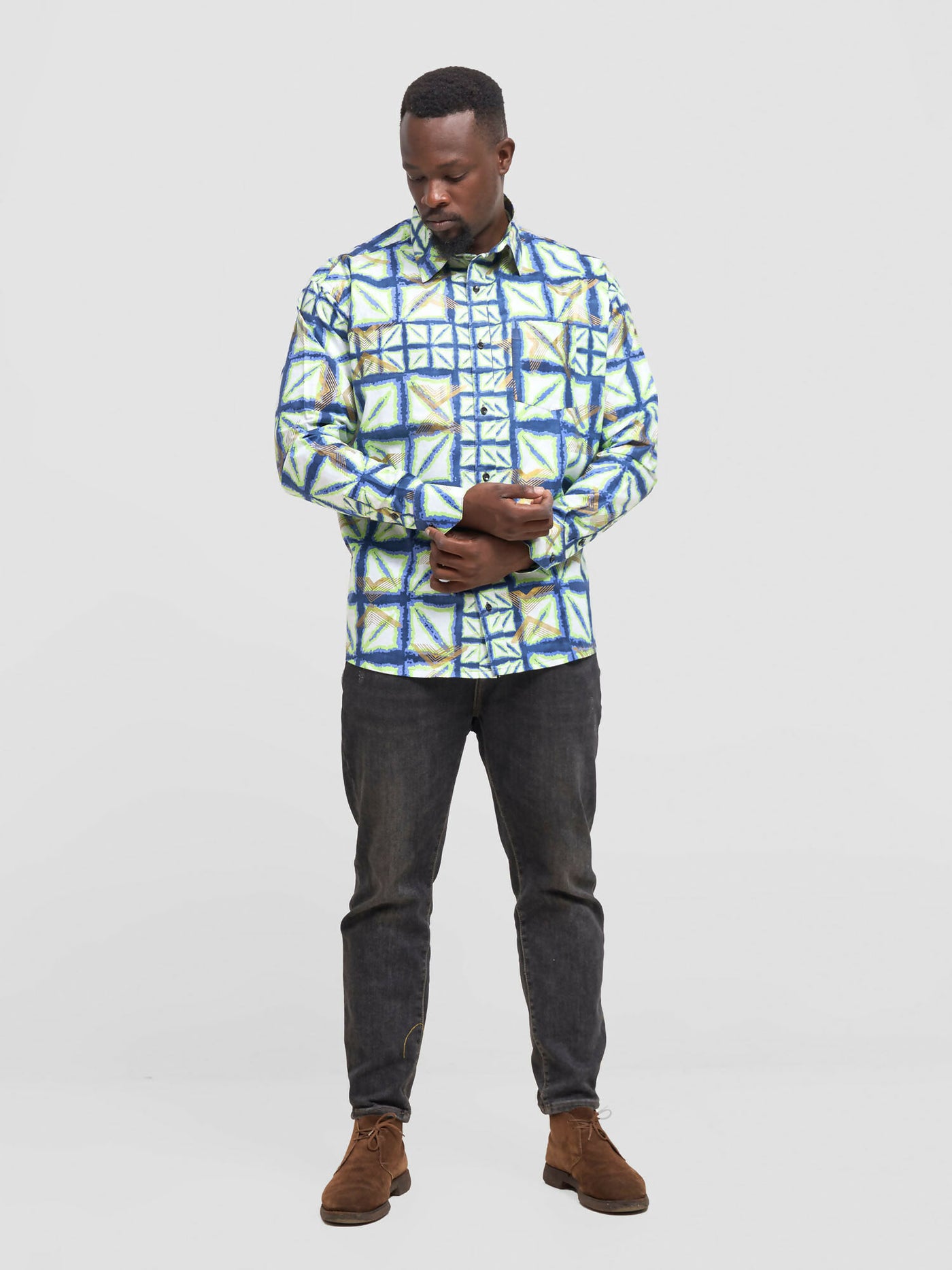 Mendilines Warm African Print Shirt - Green / Blue Print - Shopzetu