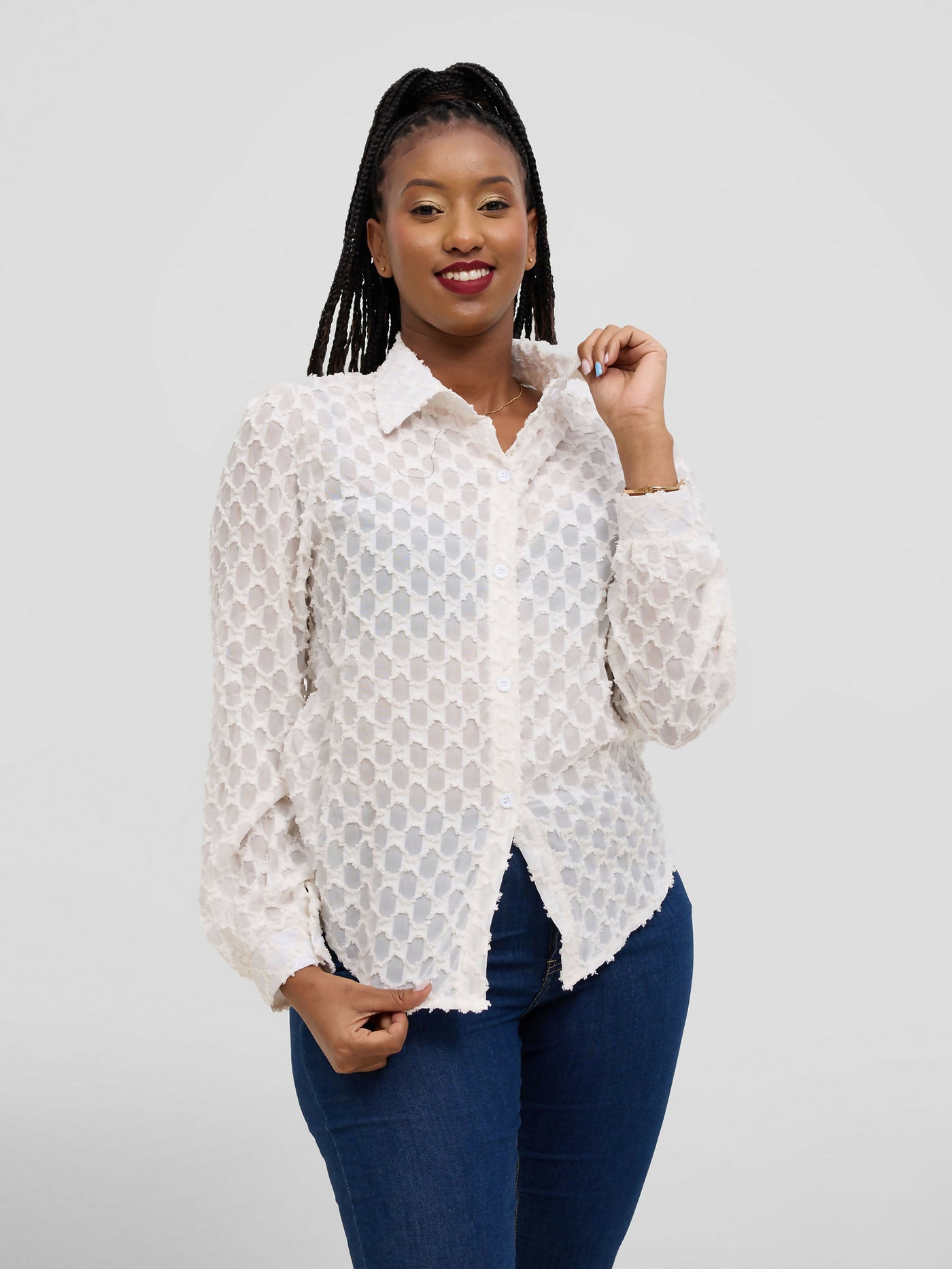 Hessed Long Sleeve Button Shirt - Cream - Shopzetu