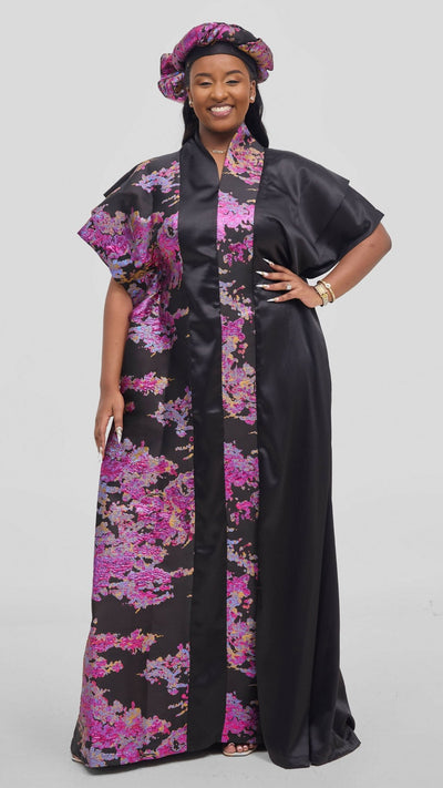 Hats And More Bold Elegance Dress & Matching Headwrap – Black / Pink Print - Shopzetu