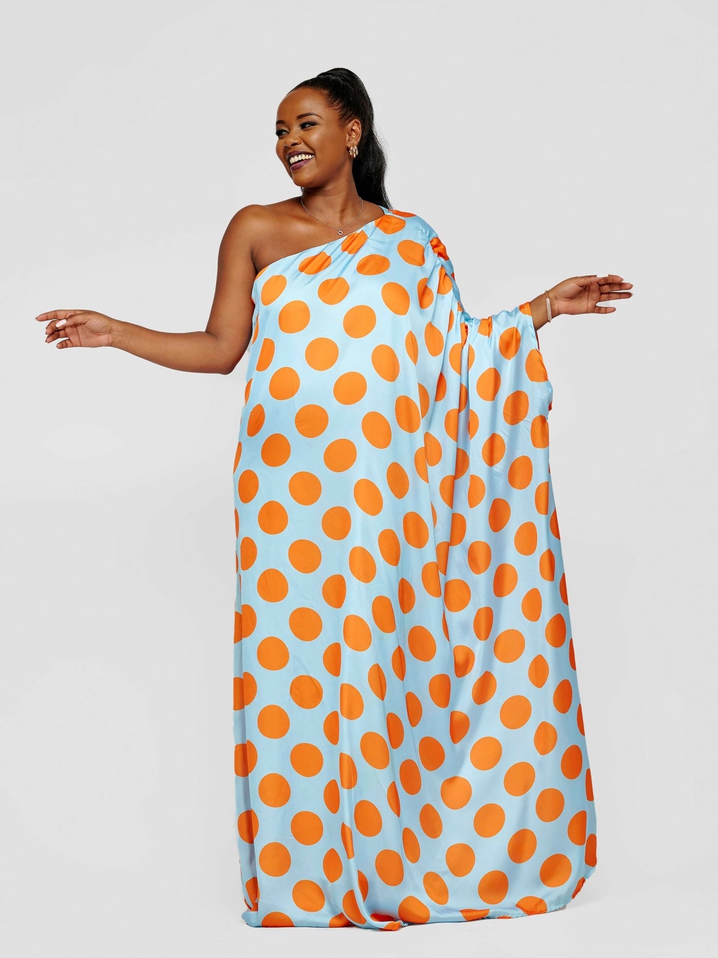 Tuli Nzilani One Shoulder Blue With Mustard Polka Dot Kaftan - Blue / Mustard - Shopzetu