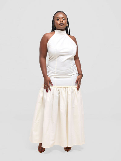 Pure Buxom Drop Waist Halter Dress Long - Cream - Shopzetu