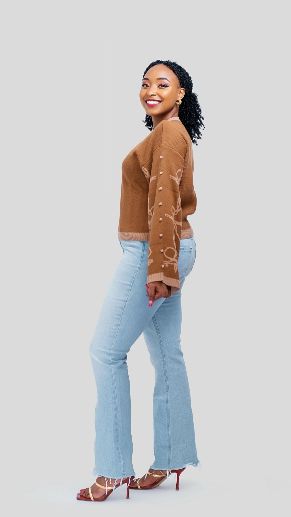 The Fashion Frenzy Flared Sleeves Pullover Sweater - Brown - Shopzetu