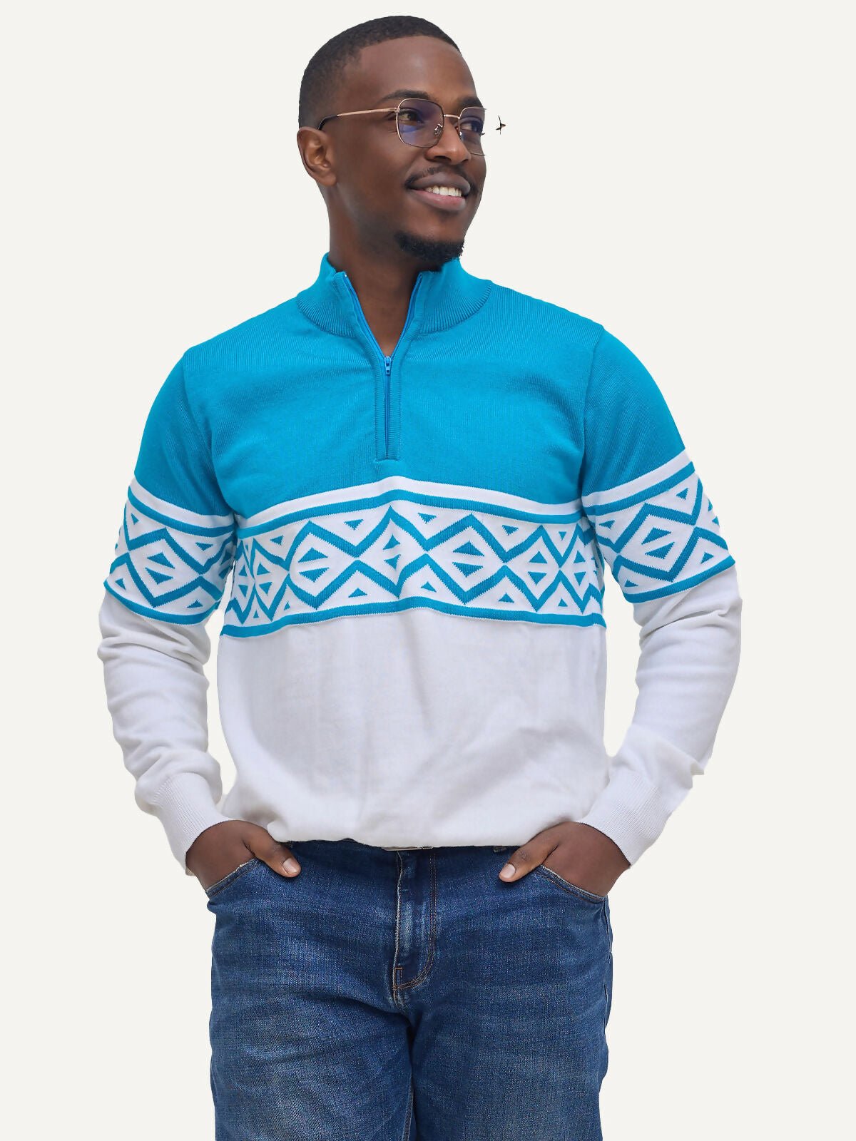 Kali Men KnitWear Half - Zip Sweater - Teal / White - Shopzetu