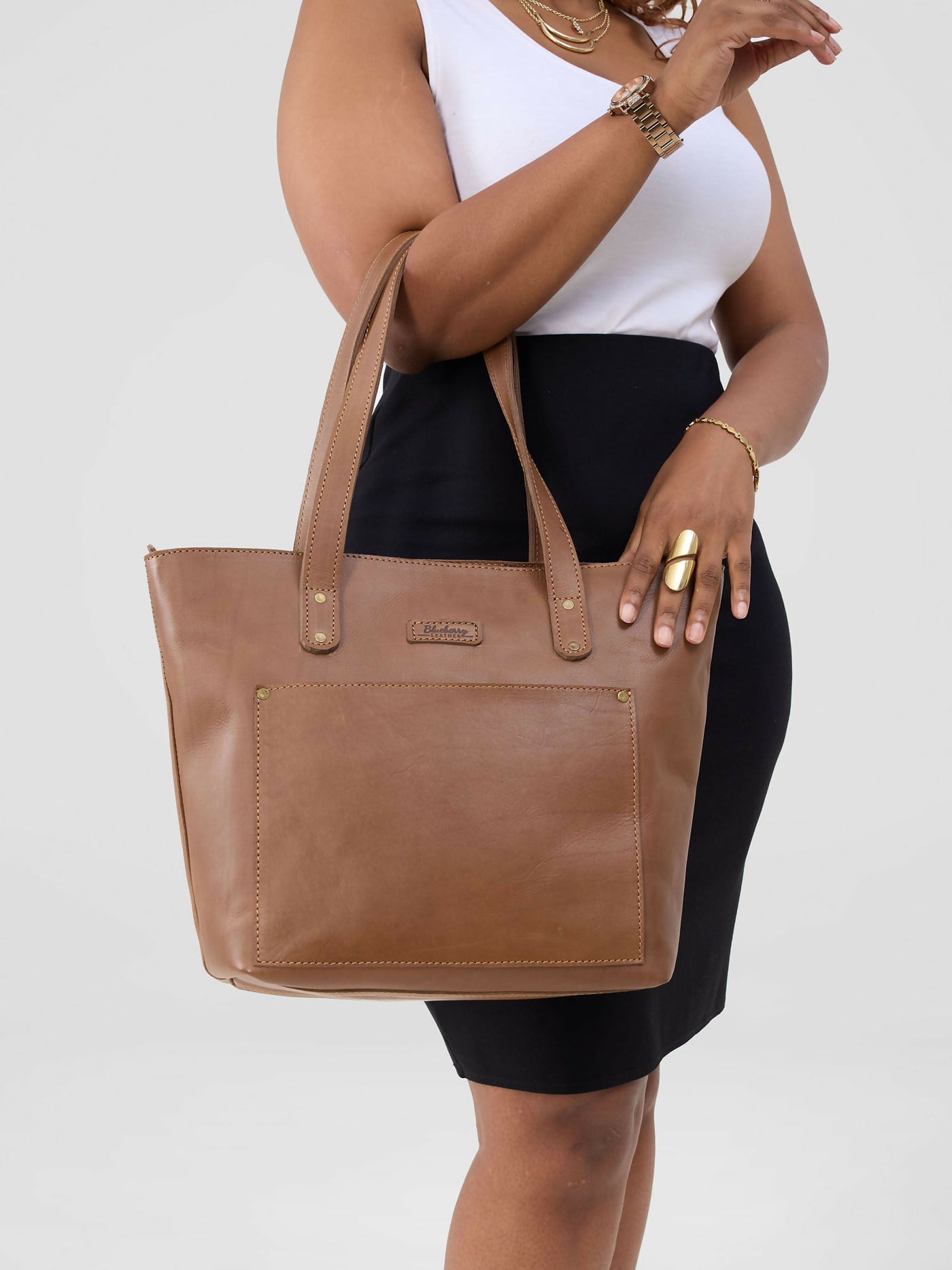 Blueberry Leather Tote Bag - Brown - Shopzetu