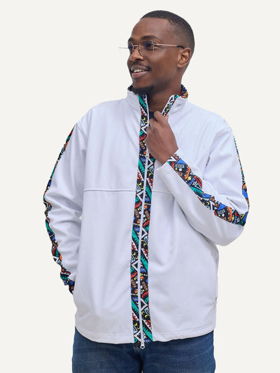 Kitu Kali Men's Softshell Full Sleeve Jacket - White / Blue Tribal - Shopzetu
