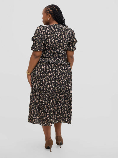 Hessed Floral Ruffle Short Sleeve Dress - Black - Shopzetu