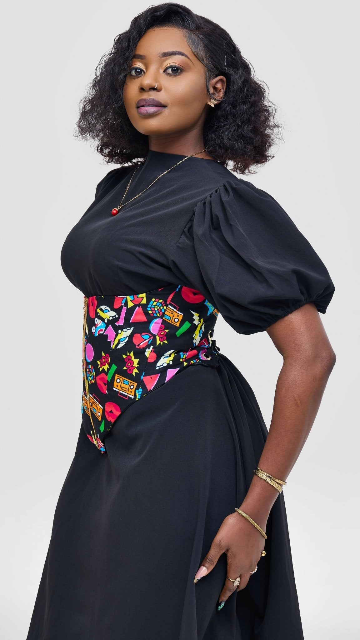 Corsetry And Co Glam Pop Ankara Corset Belt Top – Black / Pink Print - Shopzetu