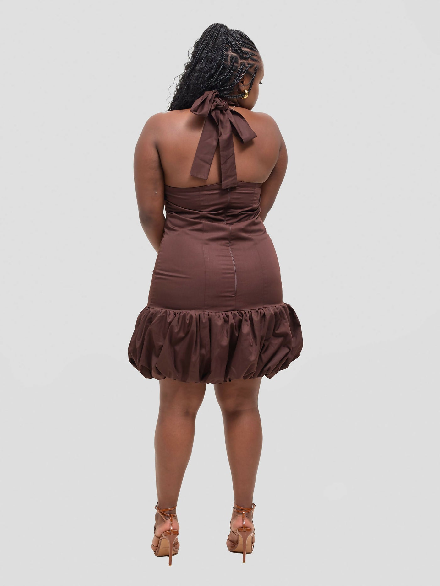 Pure Buxom Polka Bubble Hem Halter Dress - Brown - Shopzetu