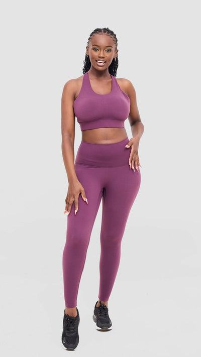Flen Store Racer Back Sports Bra and Leggings Set - Maroon - Shopzetu