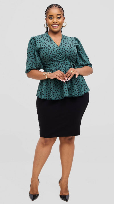 Lizola Laila Wrap Blouse Top - Green / Black - Shopzetu