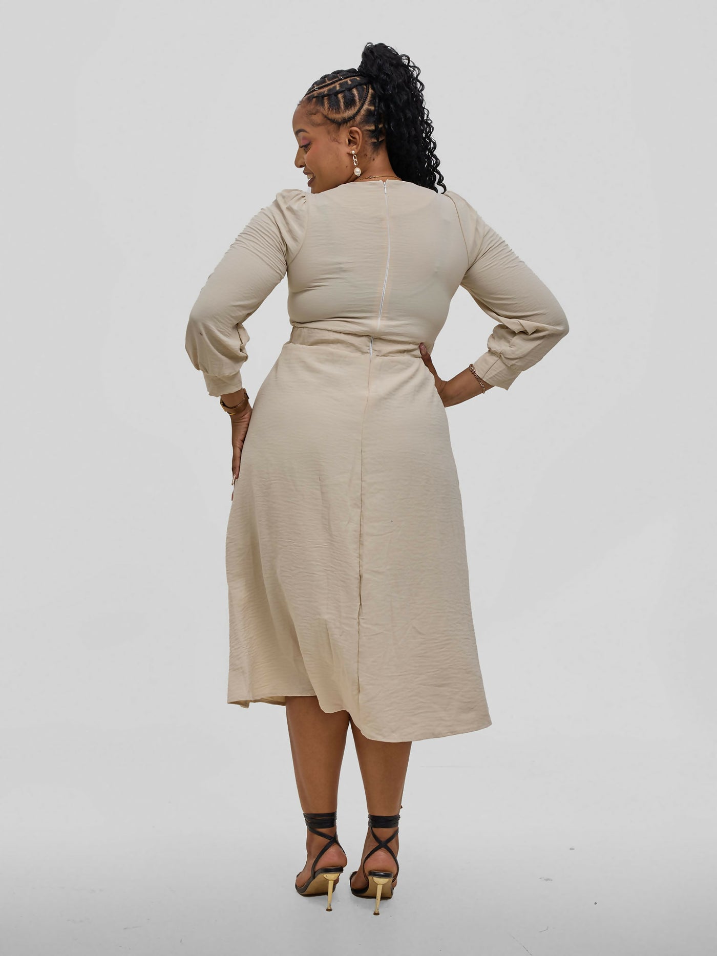 Hessed V - Neck Pleated Long Sleeved Dress - Biege - Shopzetu