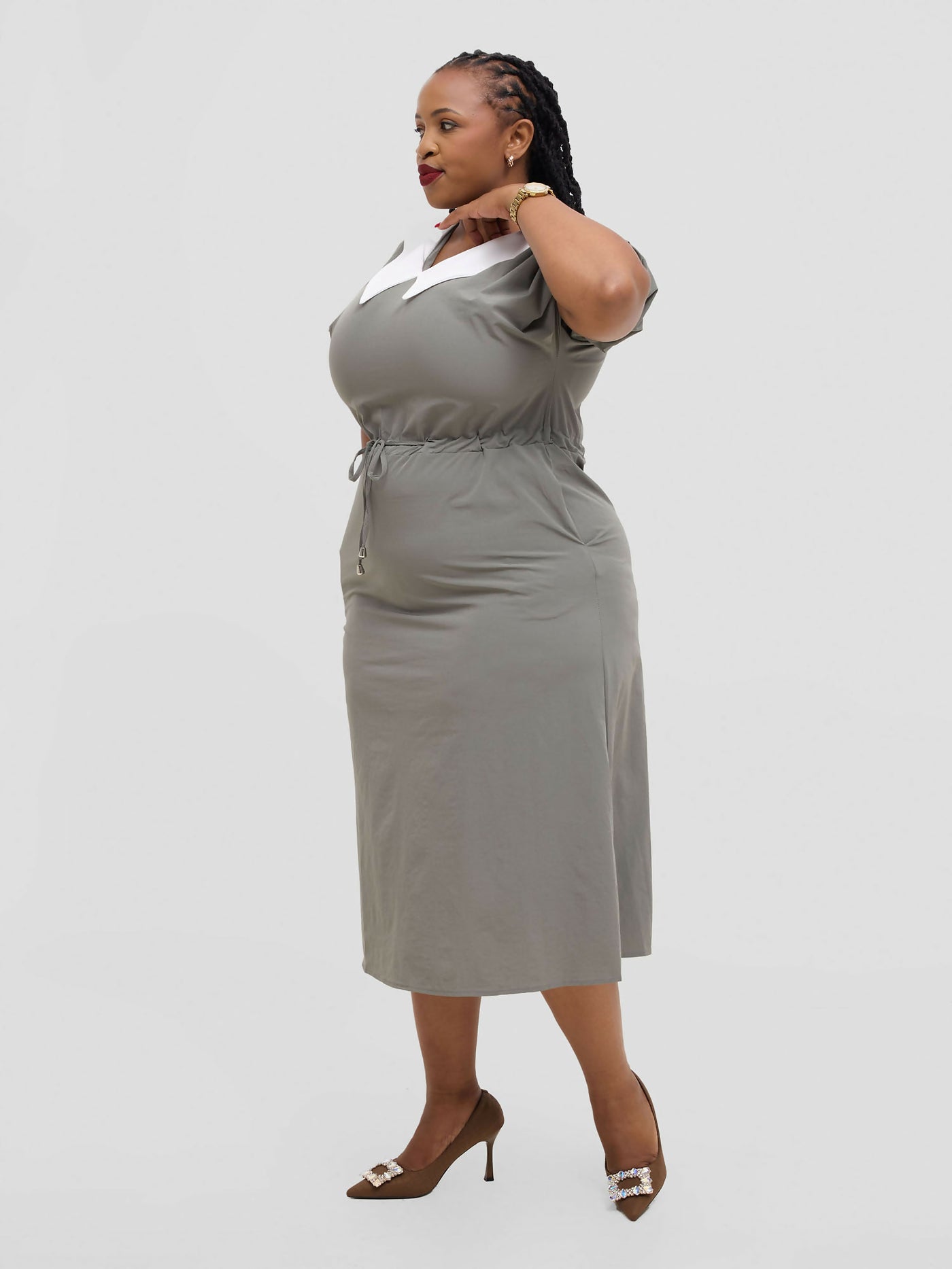 Hessed Peter Pan Collar Drawstring Dress - Grey - Shopzetu
