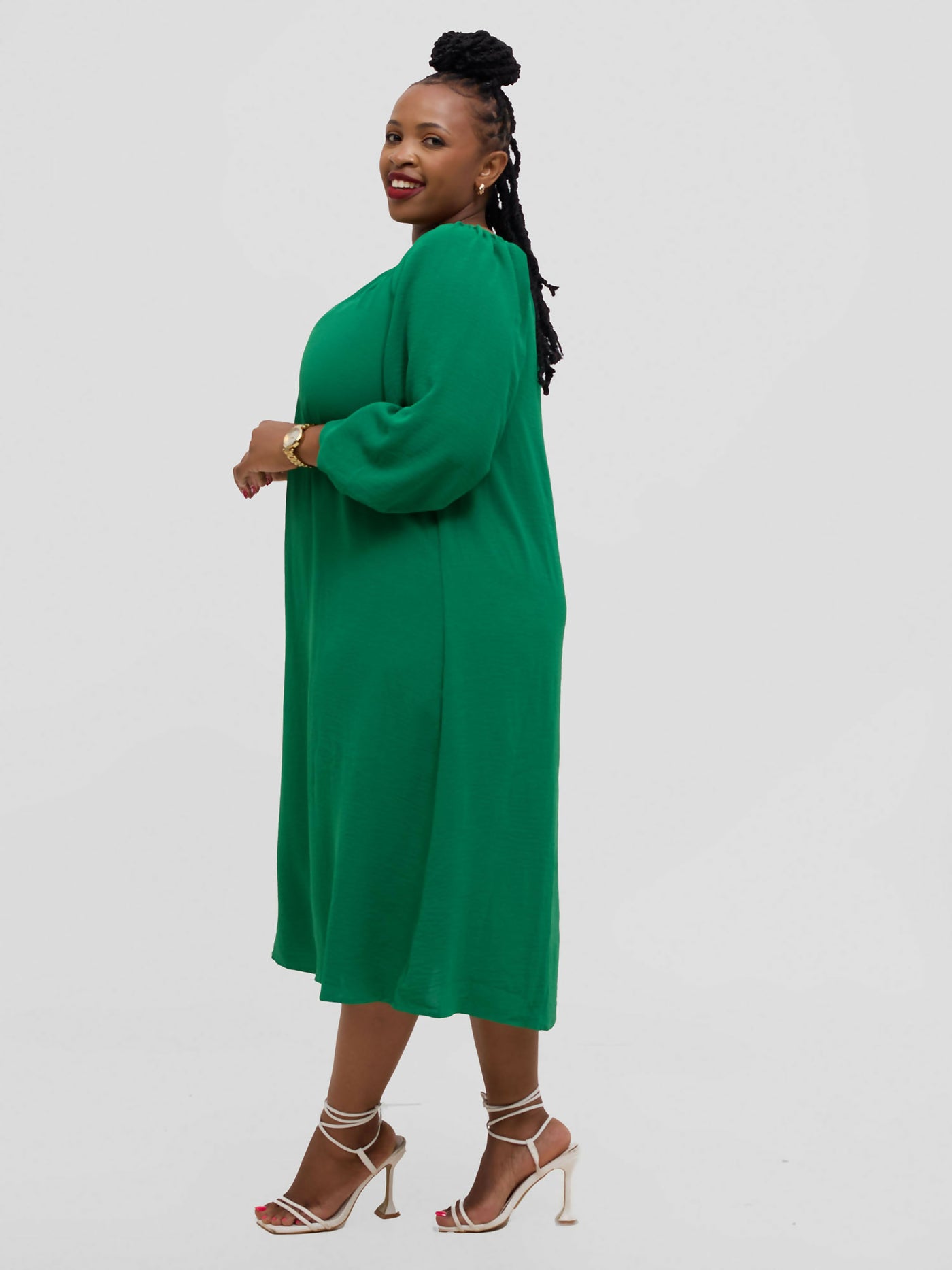 Hessed Off Shoulder Sleeved Dress - Green - Shopzetu