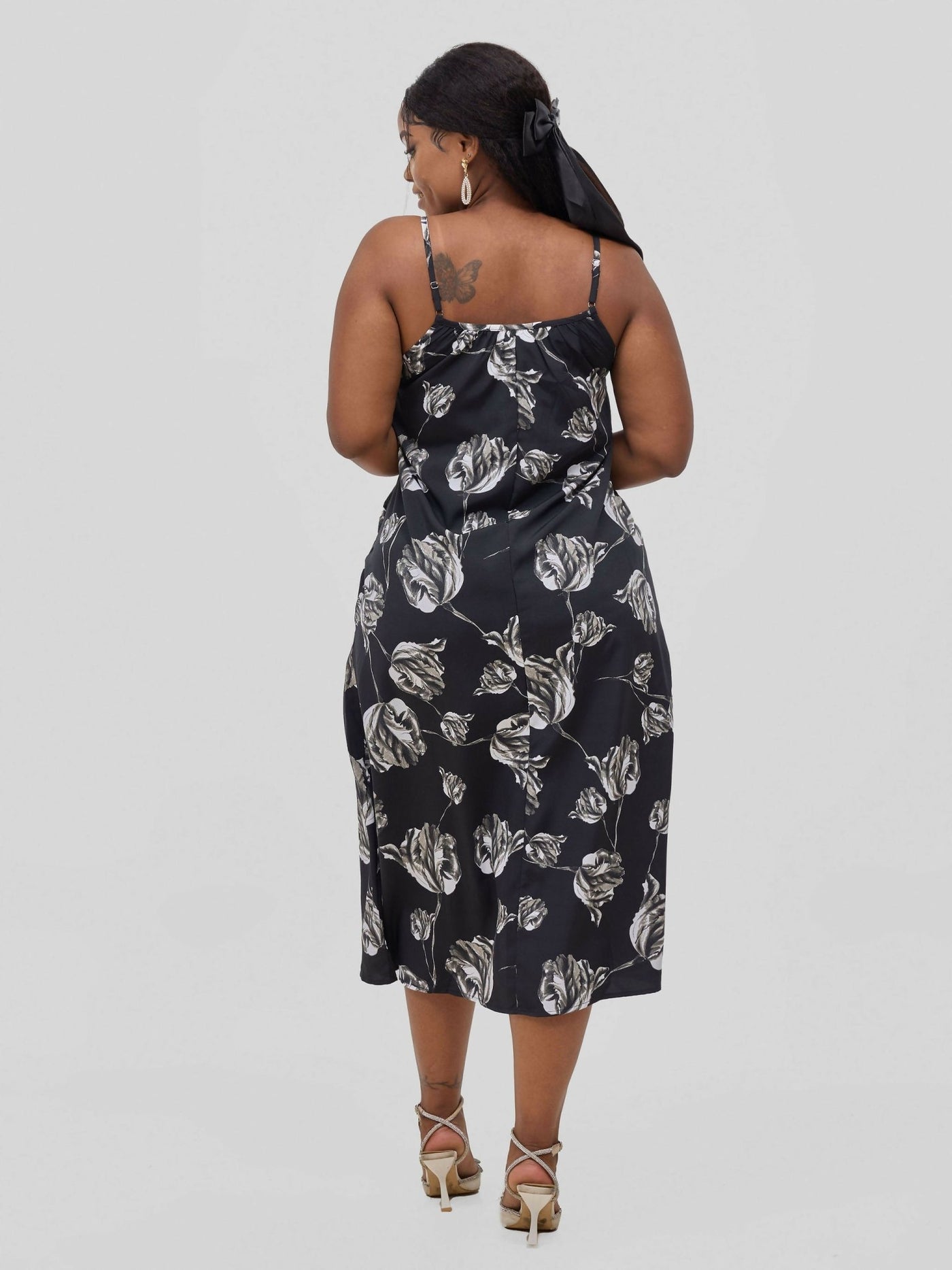 Hessed Flower Print Midi Sleeveless Dress - Black - Shopzetu