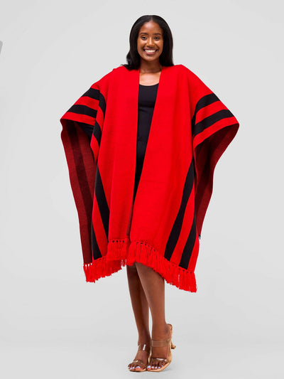 Anel's Knitwear Stari Fringe Poncho - Red / Black - Shopzetu