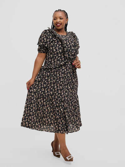 Hessed Floral Ruffle Short Sleeve Dress - Black - Shopzetu