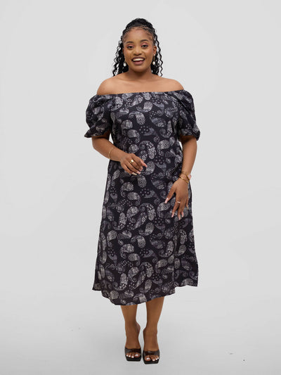 Hessed Off Shoulder Ballon Sleeve Dress - Black - Shopzetu
