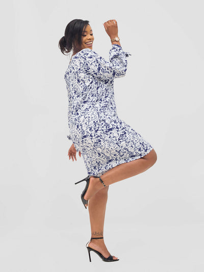 The Fashion Frenzy White and Blue Printed Shift Dress - Navy Blue - Shopzetu