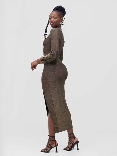 Stylish Sisters Bodycon Shimmering Dress - Brown - Shopzetu
