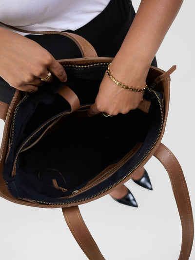 Blueberry Leather Tote Bag - Brown - Shopzetu