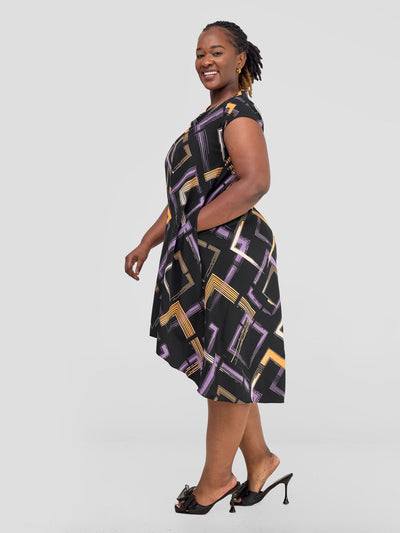 Vivo Jema High Low Tent Dress - Black / Purple Print