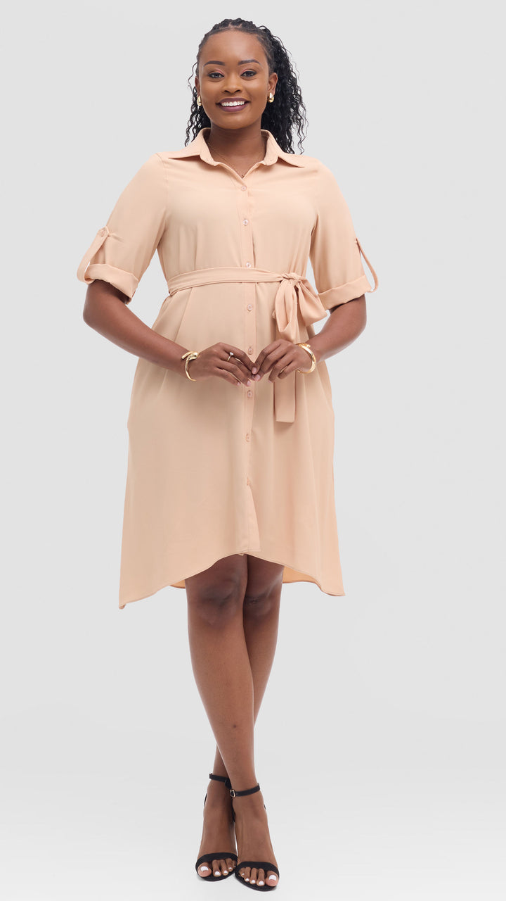 Vivo Ava 3/4 Sleeve Tent Shirt Dress in Crepe - Beige