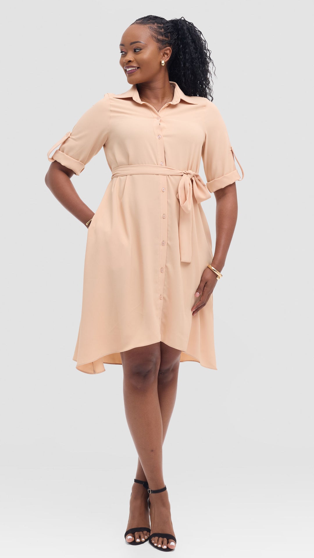 Vivo Ava 3/4 Sleeve Tent Shirt Dress in Crepe - Beige