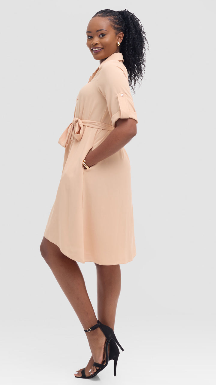 Vivo Ava 3/4 Sleeve Tent Shirt Dress in Crepe - Beige