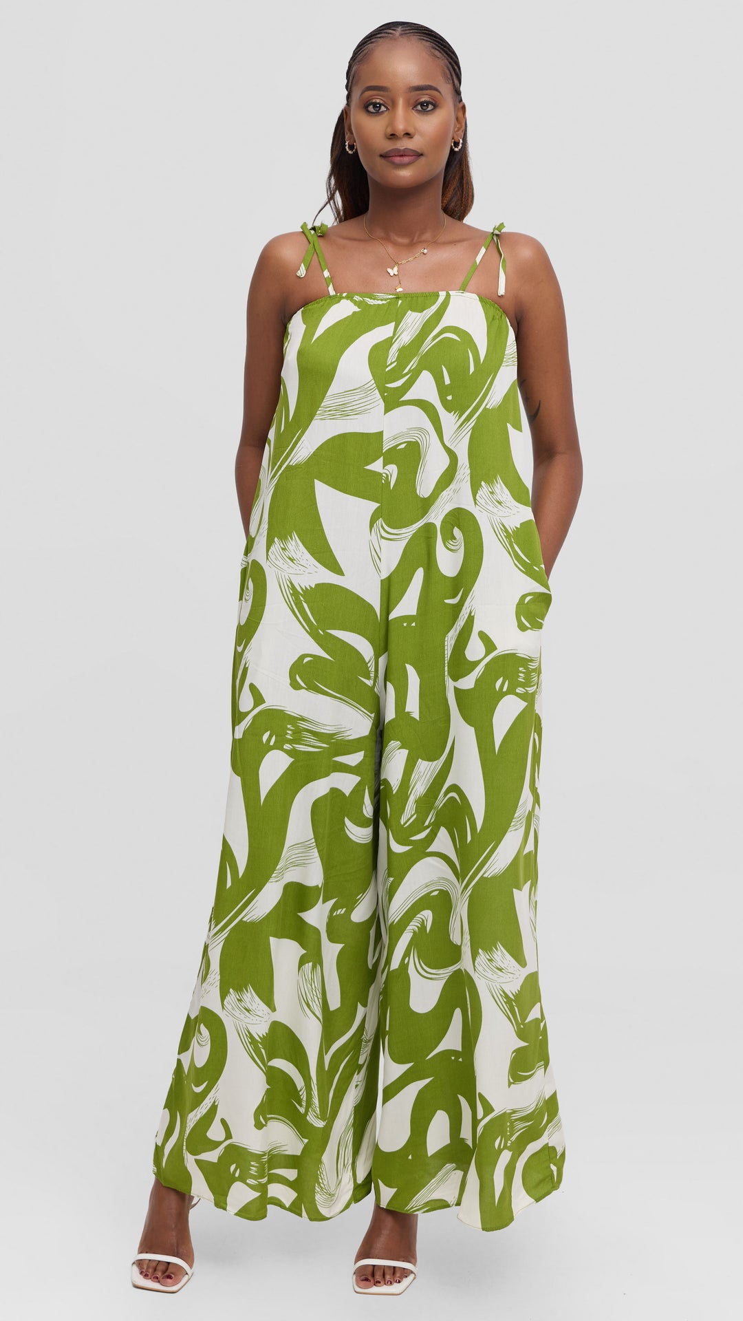 Vivo Maisha Strappy Jumpsuit In Rayon - Olive Green / Off White Print