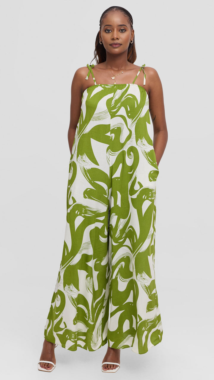 Vivo Maisha Strappy Jumpsuit In Rayon - Olive Green / Off White Print