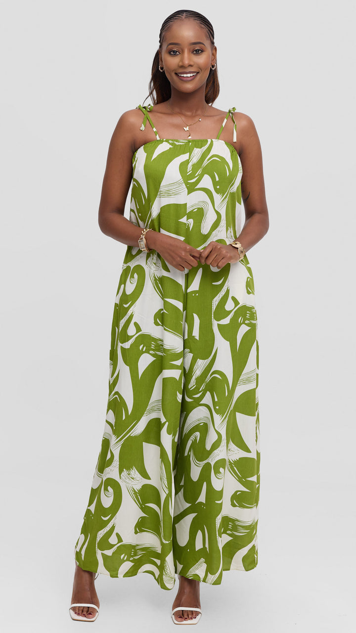 Vivo Maisha Strappy Jumpsuit In Rayon - Olive Green / Off White Print