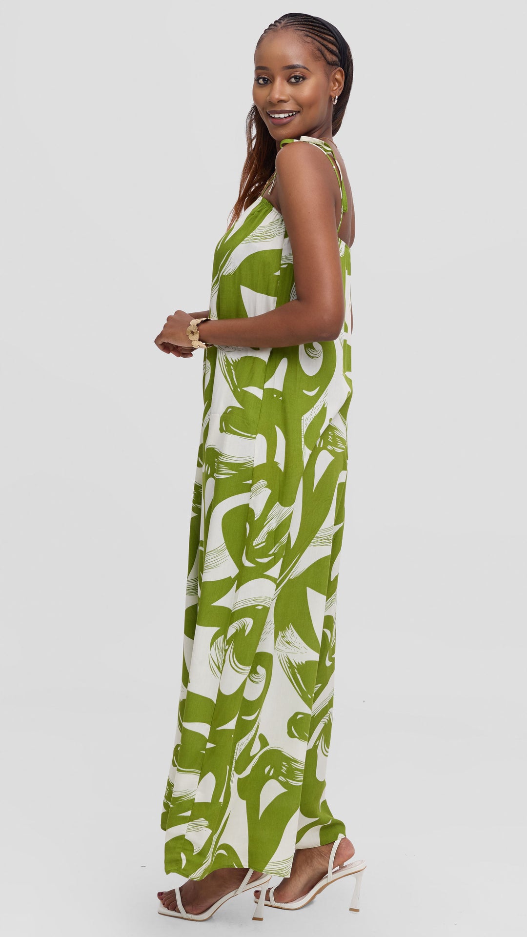Vivo Maisha Strappy Jumpsuit In Rayon - Olive Green / Off White Print