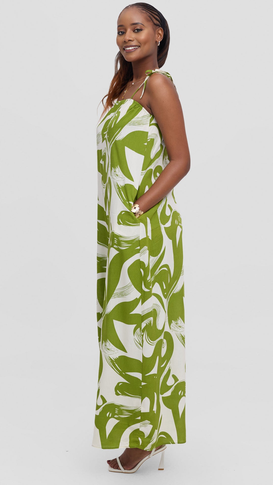Vivo Maisha Strappy Jumpsuit In Rayon - Olive Green / Off White Print