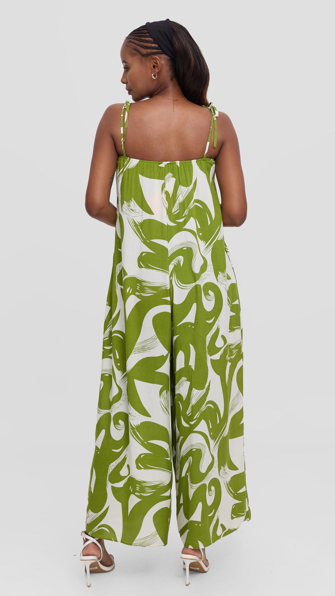 Vivo Maisha Strappy Jumpsuit In Rayon - Olive Green / Off White Print