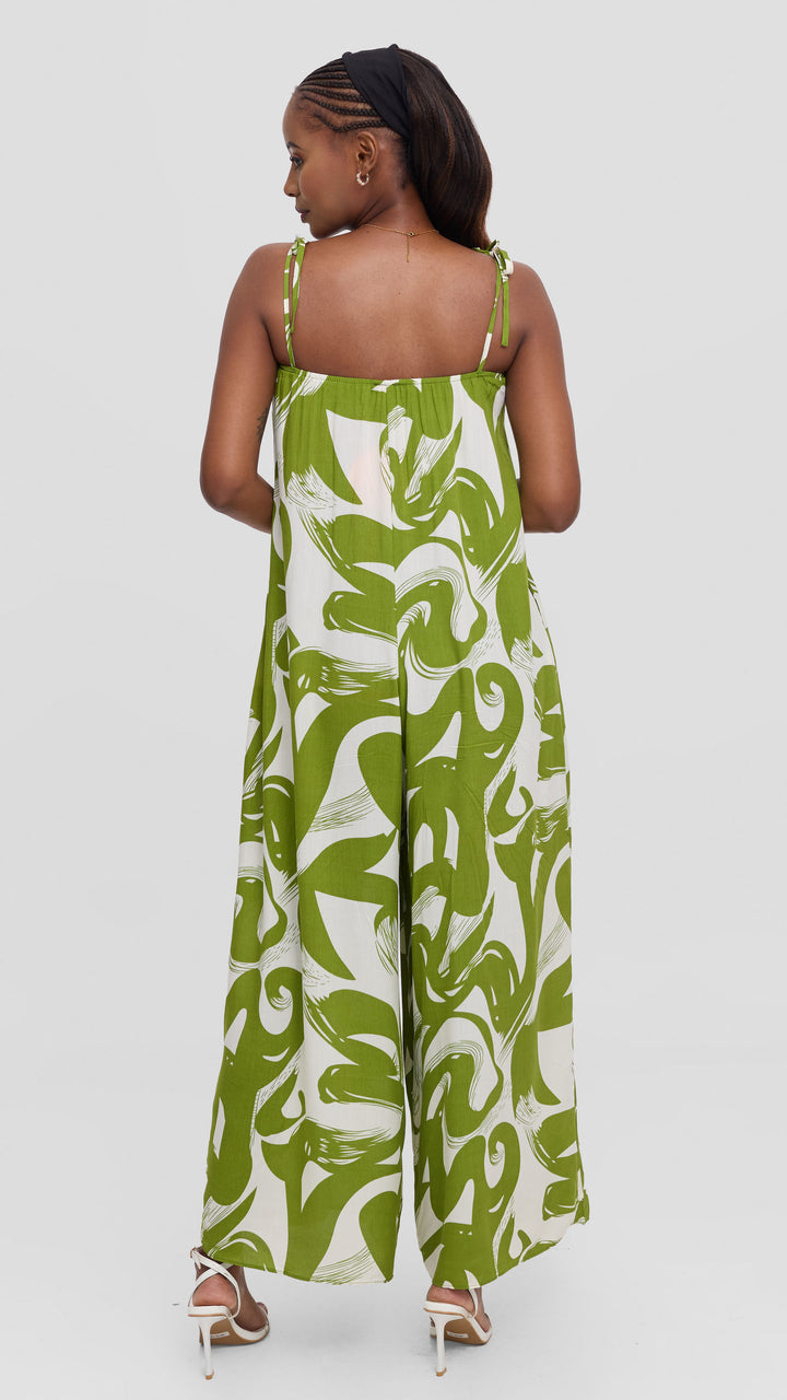 Vivo Maisha Strappy Jumpsuit In Rayon - Olive Green / Off White Print