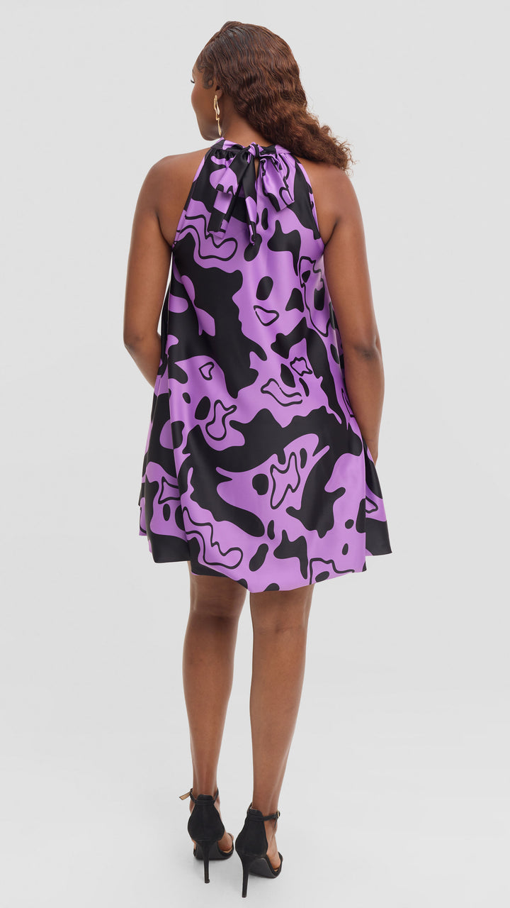 Vivo Iyana Bubble Mini Dress in Satin - Lilac / Black Riwa Print