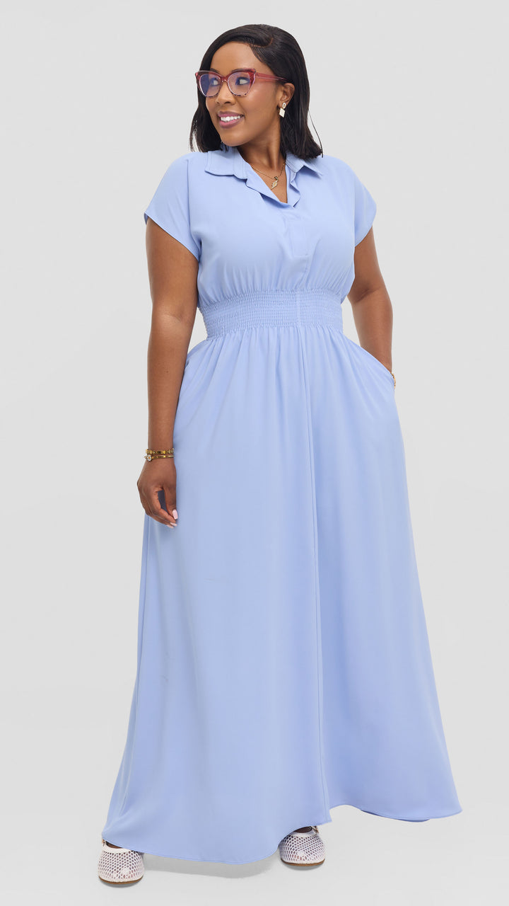 Vivo Zena Shirred Waist Maxi Shirt Dress in Crepe - Light Blue