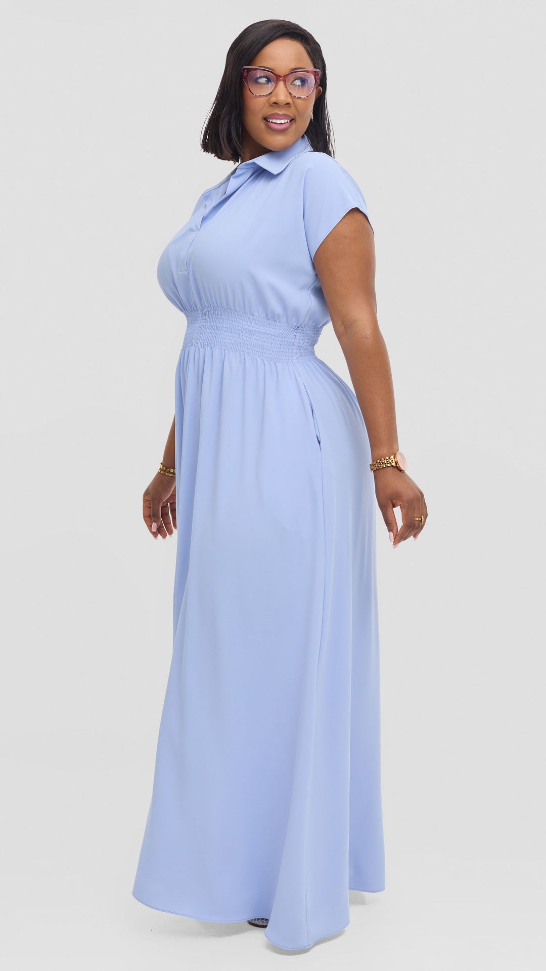 Vivo Zena Shirred Waist Maxi Shirt Dress in Crepe - Light Blue