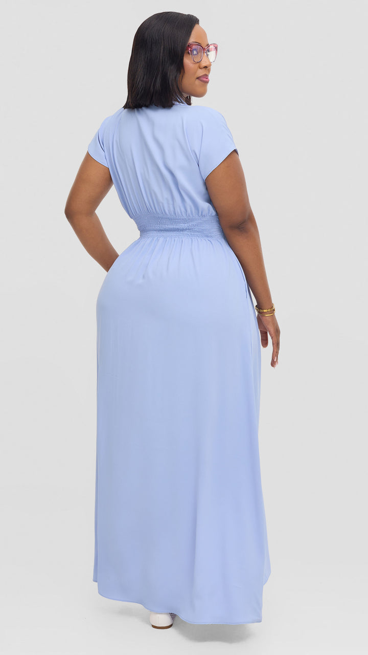 Vivo Zena Shirred Waist Maxi Shirt Dress in Crepe - Light Blue