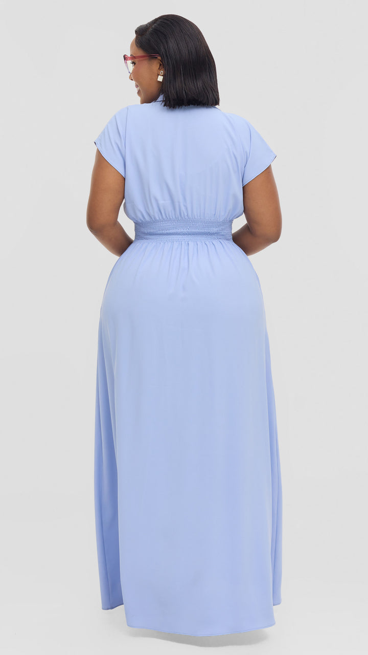Vivo Zena Shirred Waist Maxi Shirt Dress in Crepe - Light Blue