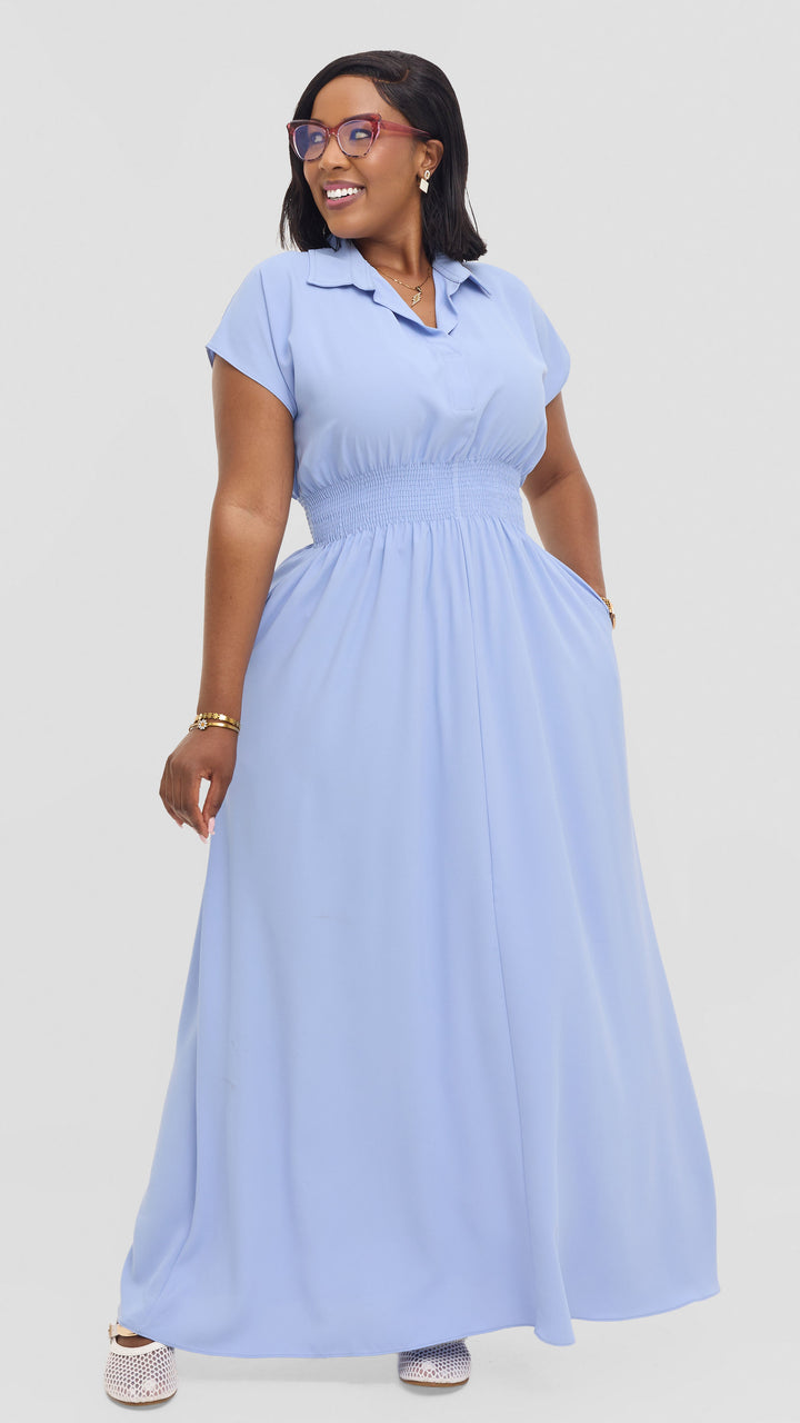 Vivo Zena Shirred Waist Maxi Shirt Dress in Crepe - Light Blue