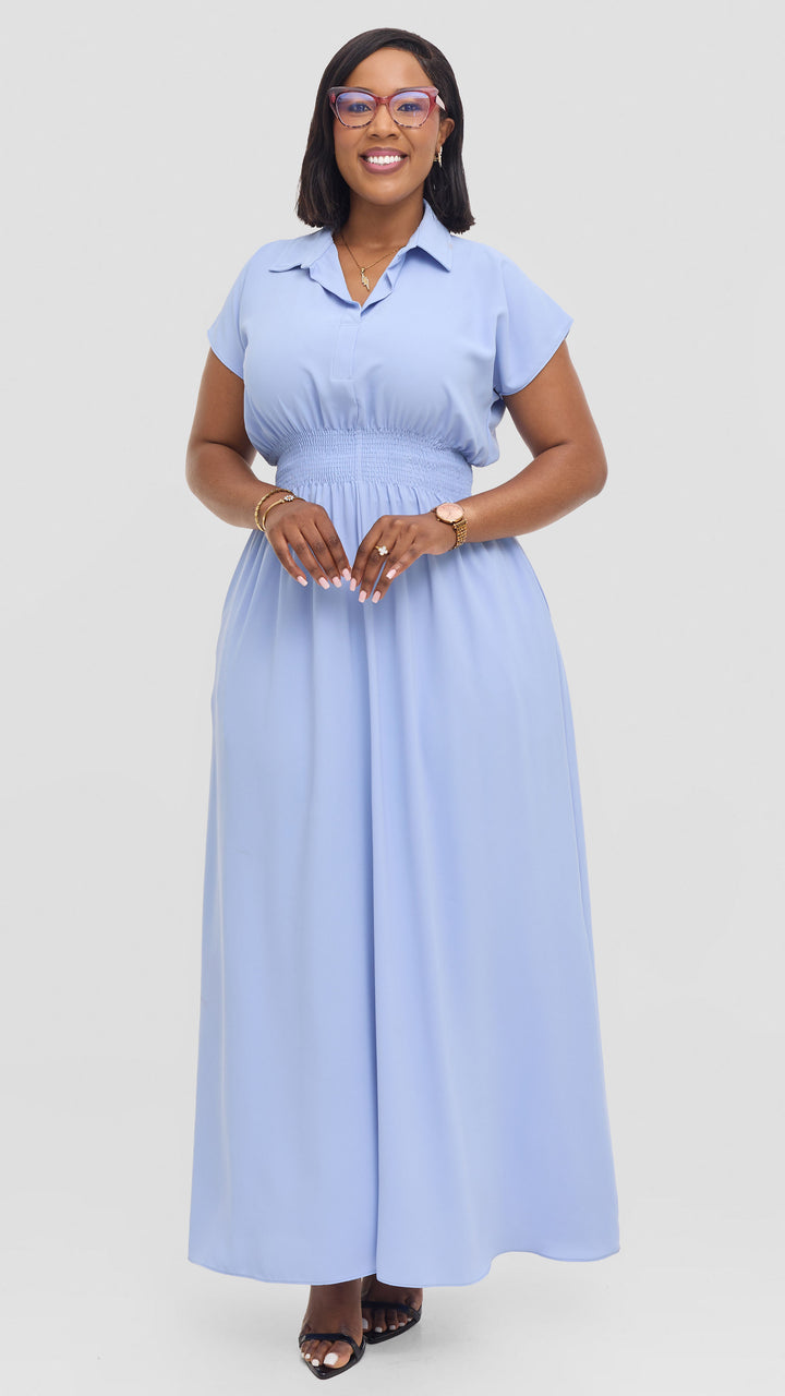 Vivo Zena Shirred Waist Maxi Shirt Dress in Crepe - Light Blue
